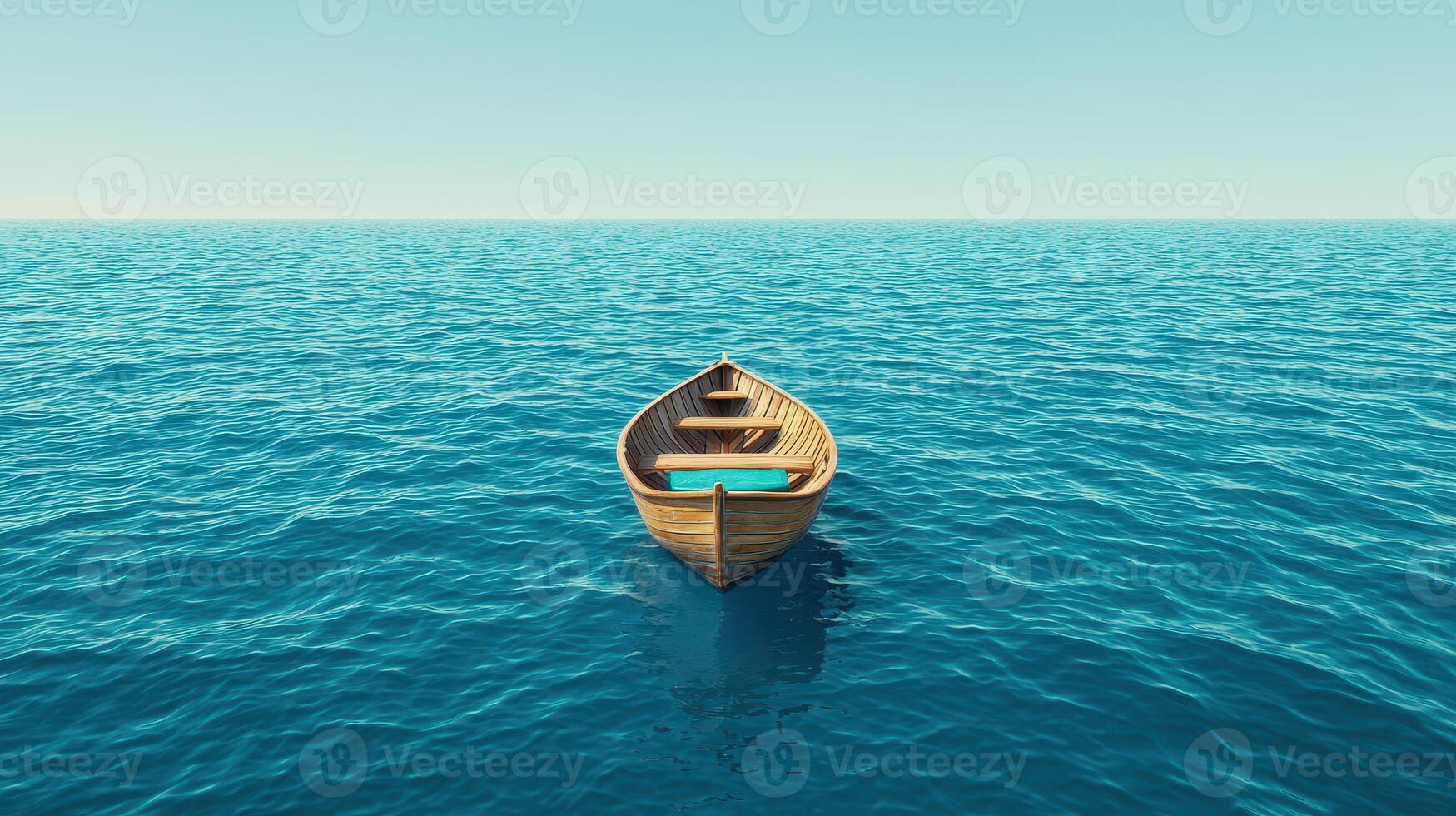 A Small Wooden Rowboat Floats Serenely on a Calm Ocean Surface under a Clear Blue Sky photo