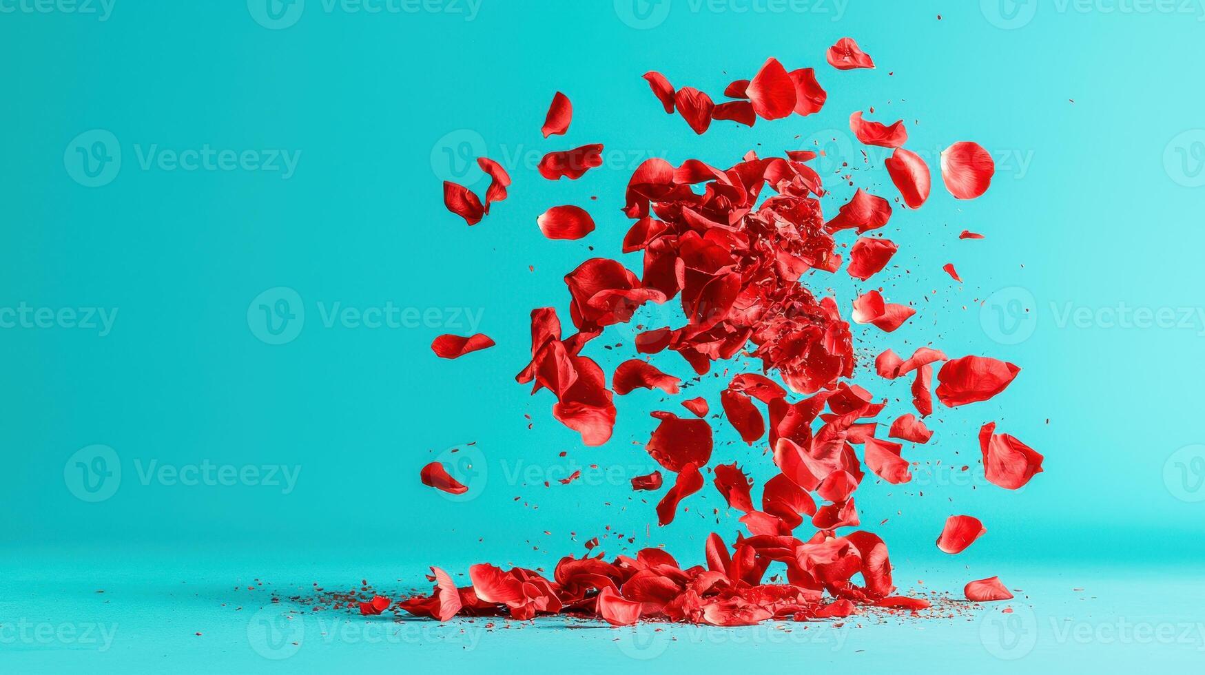 Red Rose Petals Exploding Against a Turquoise Background A Stunning Image of Falling Rose Petals photo
