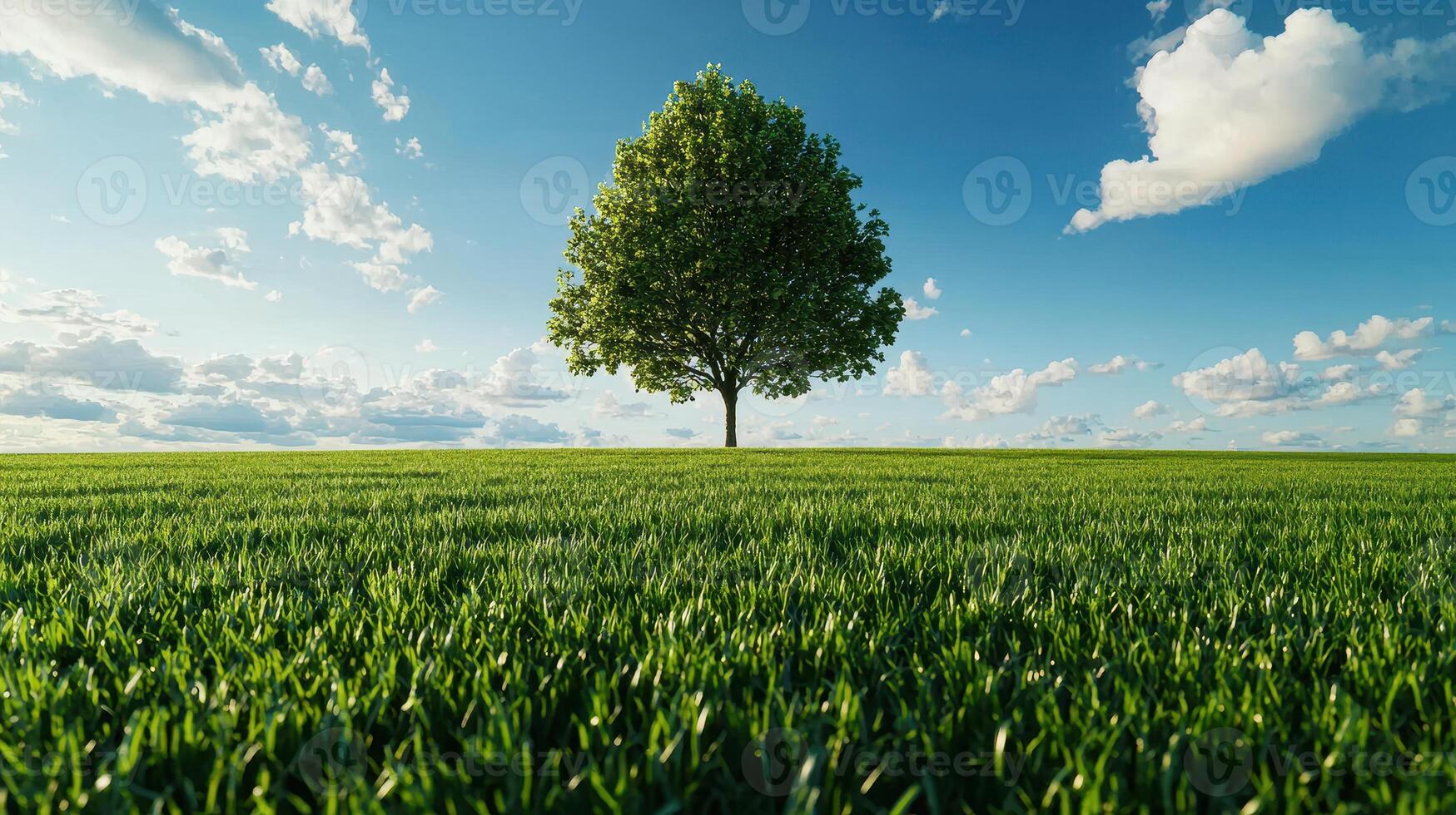 Serene Landscape Photo of a Single Tree in a Lush Green Field under a Bright Sunny Sky