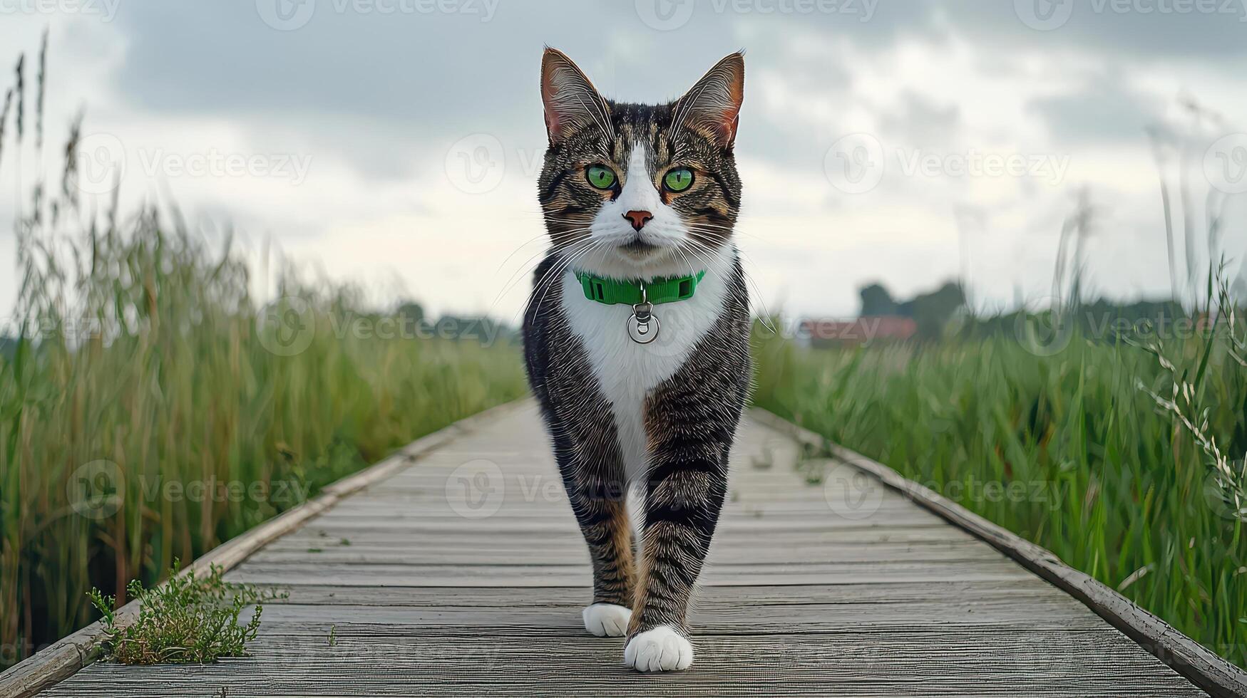 Tabby Cat with Green Collar Walking on Wooden Path Outdoors