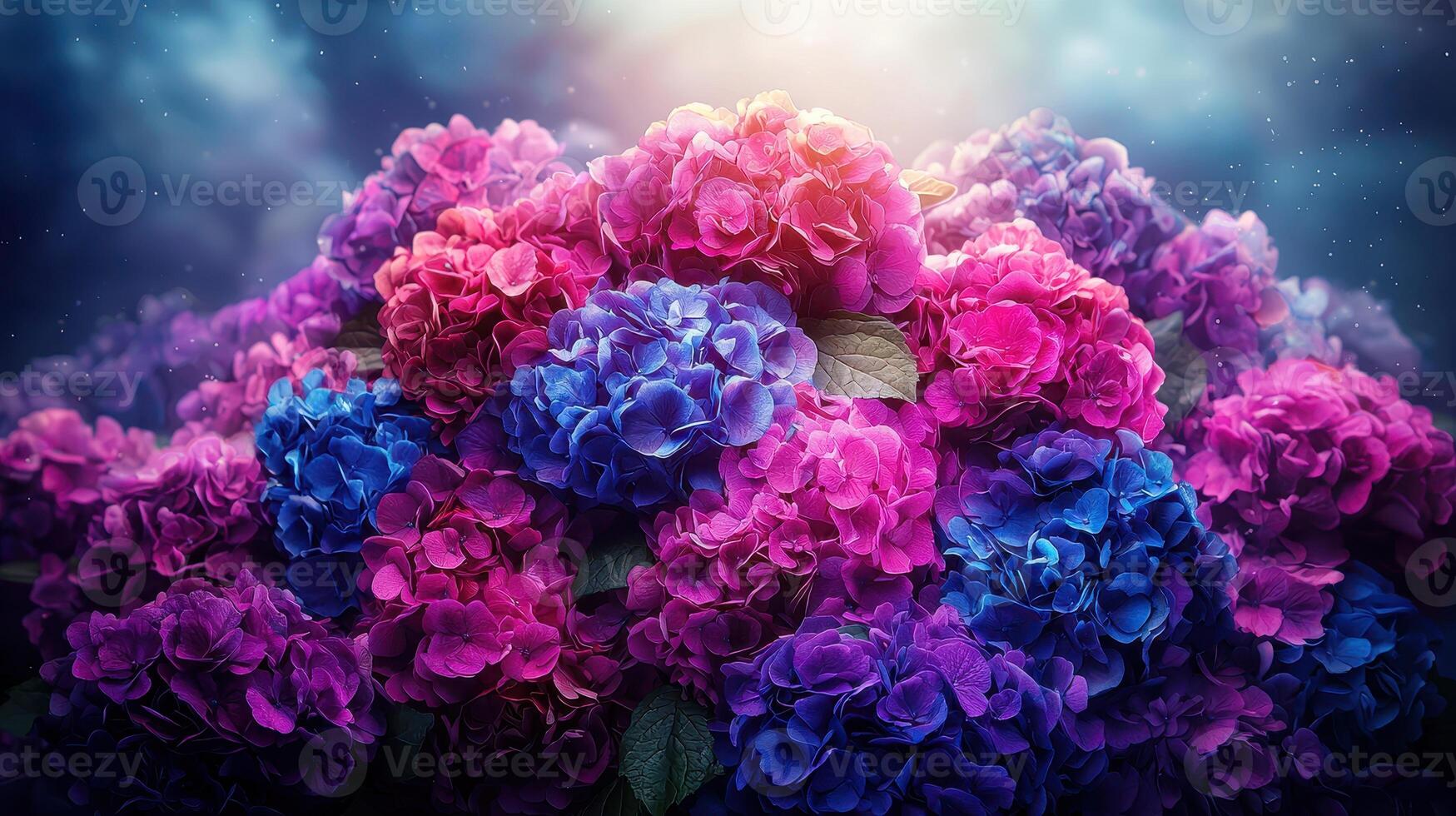 Vibrant Hydrangea Blooms in Purple Pink and Blue Hues A Stunning Floral Arrangement photo