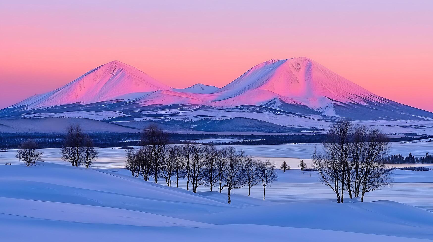 Serene Winter Landscape Pink hued Mountains at Sunrise over Snowy Plains photo