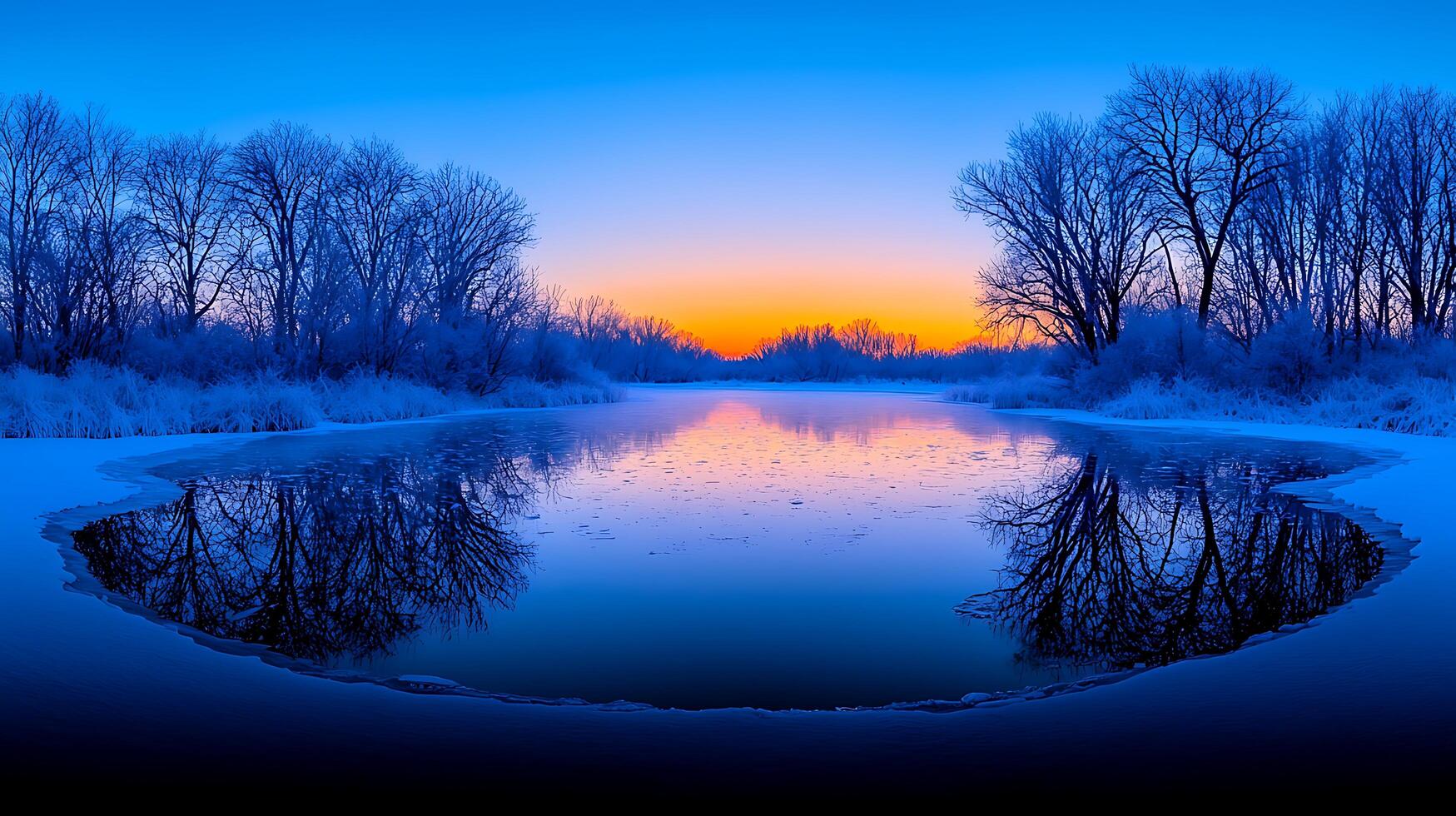Serene Winter Sunrise over Frozen Lake with Tree Reflections Beautiful winter landscape photo