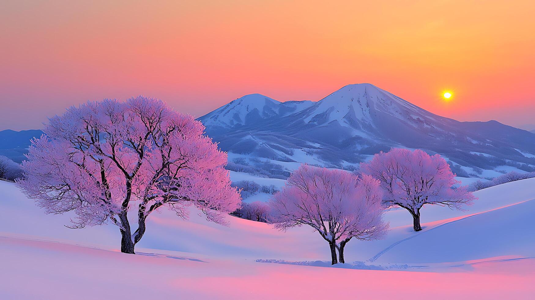 Serene Winter Sunrise Frost Covered Trees and Majestic Mountain Peaks photo