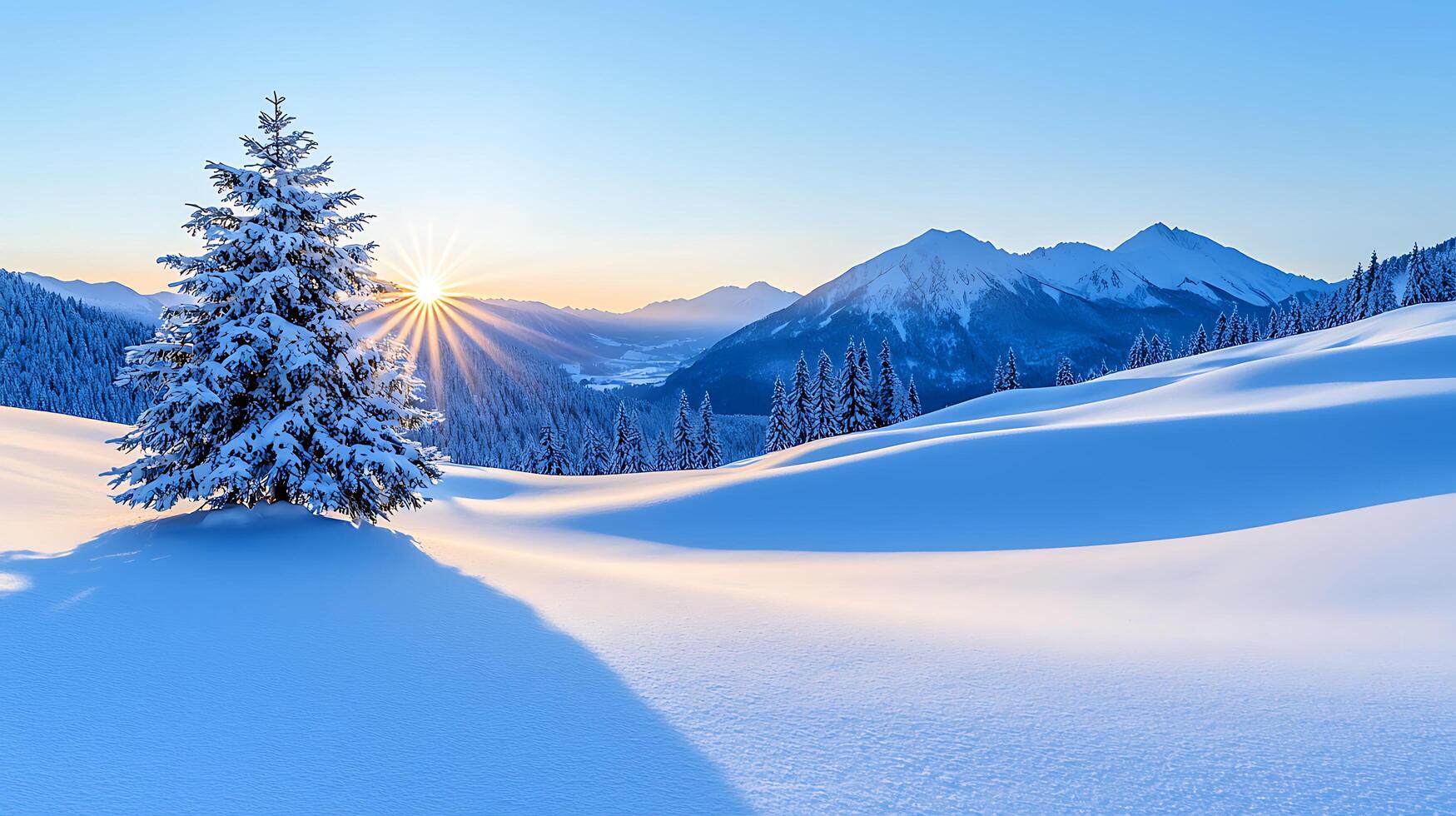 Majestic Winter Sunrise over Snowy Mountains with a Lone Snow Covered Pine Tree photo