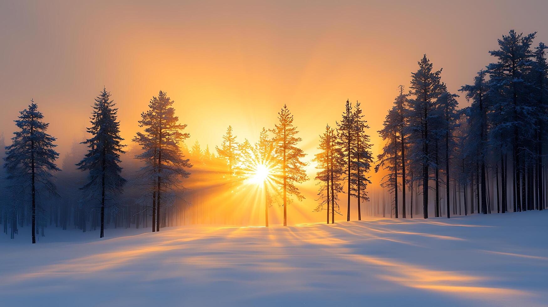 Majestic Sunrise Illuminates a Snowy Winter Forest with Tall Pine Trees photo