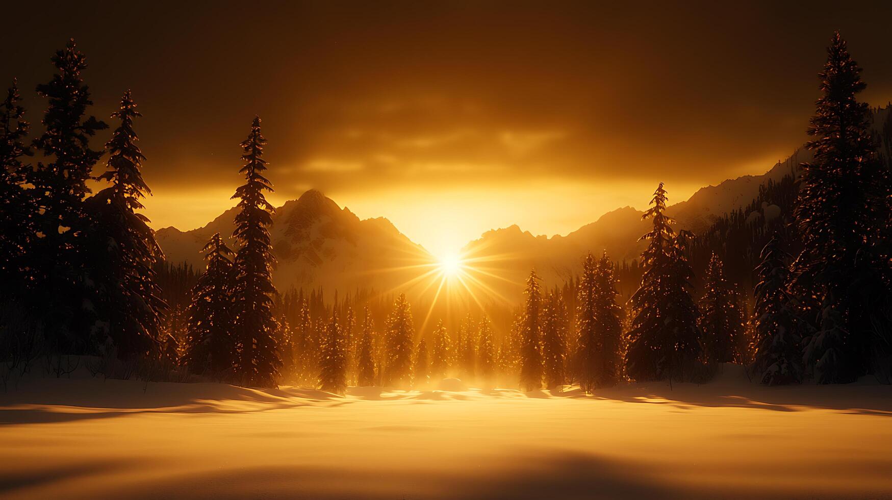 Majestic winter sunset illuminates snow covered mountain landscape with evergreen trees A breathtaking golden hour scene photo