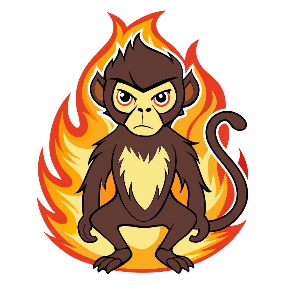 Cartoon monkey in the flames of fire. isolated on white background.Suitable for sticker, mascot, logo. Front view illustration. vector
