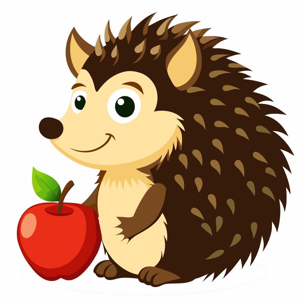 Cute cartoon hedgehog with red apple isolated on white background. Side view. Illustration. vector