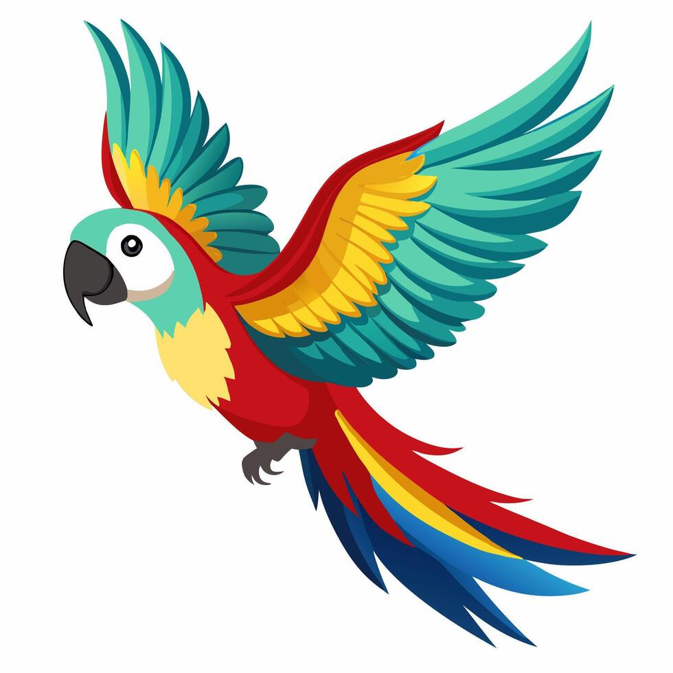 cartoon flying colorful Amazon macaw parrot. Tropical parrot macaw mix of bright colors red, blue, green and yellow. Children's picture. Illustration isolated on white background. vector