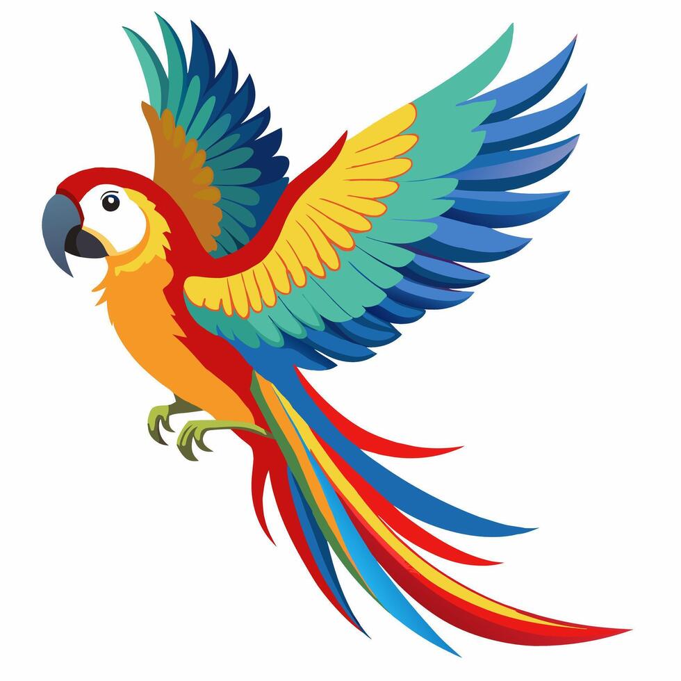 cute realistic flying colorful macaw parrot. Tropical parrot macaw mix of bright colors red, blue, green and yellow. Illustration isolated on white background. vector