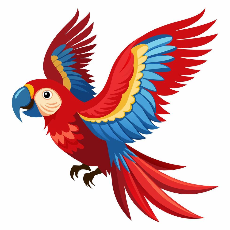 cute realistic flying colorful macaw parrot. Tropical parrot macaw mix of bright colors red, blue, green and yellow. Children's picture. Illustration isolated on white background. vector