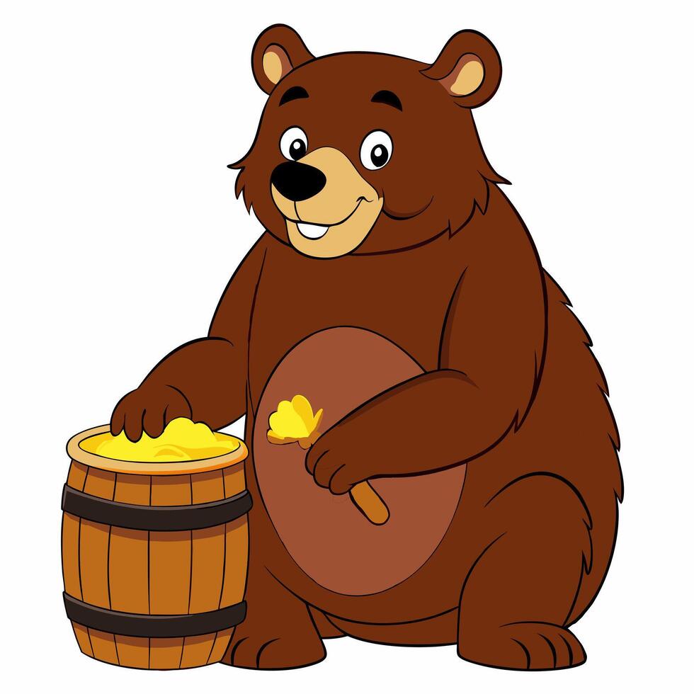 cartoon funny bear sits with a barrel of honey isolated on white background. Front view.Children's illustration vector