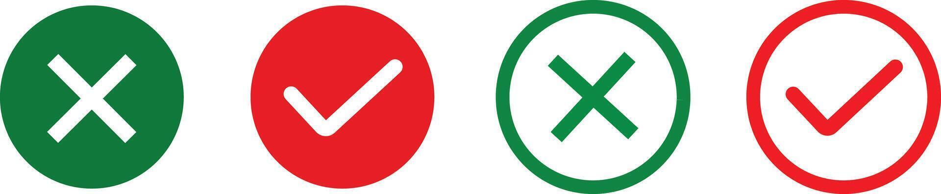 Green tick and red cross checkmarks, Check box icon with right and wrong buttons and yes or no checkmark icon. Right check mark accepted symbol, vector