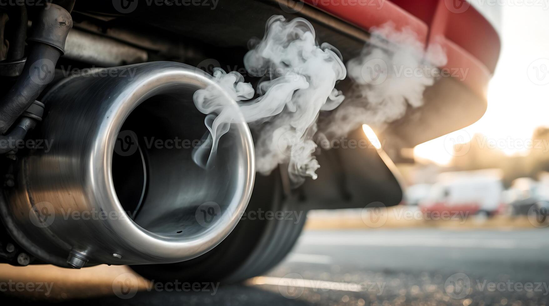 Closeup view of diesel engine exhaust emitting smoke during sunset on the road photo