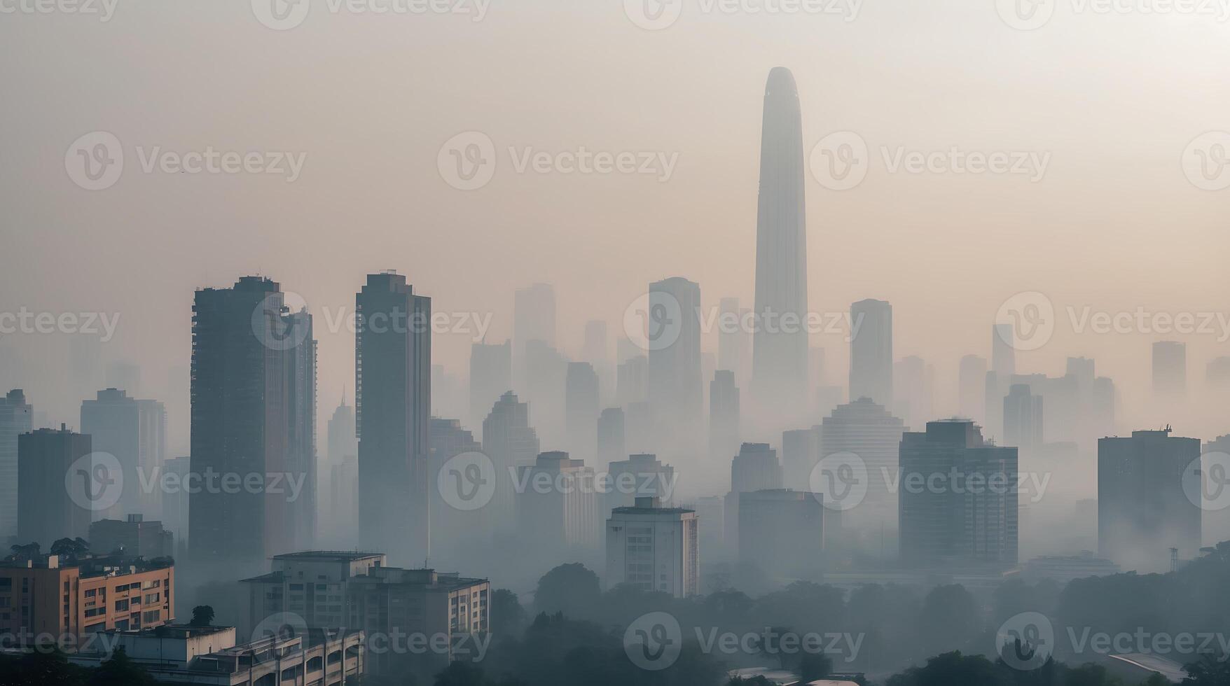 City skyline obscured by thick smog illustrating climate change impact on urban areas photo