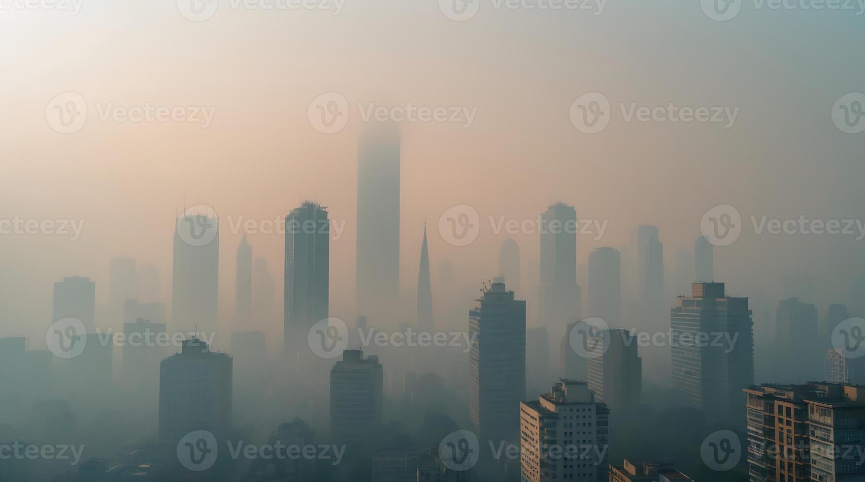 Dense smog envelops skyline highlighting climate change impacts on urban life photo