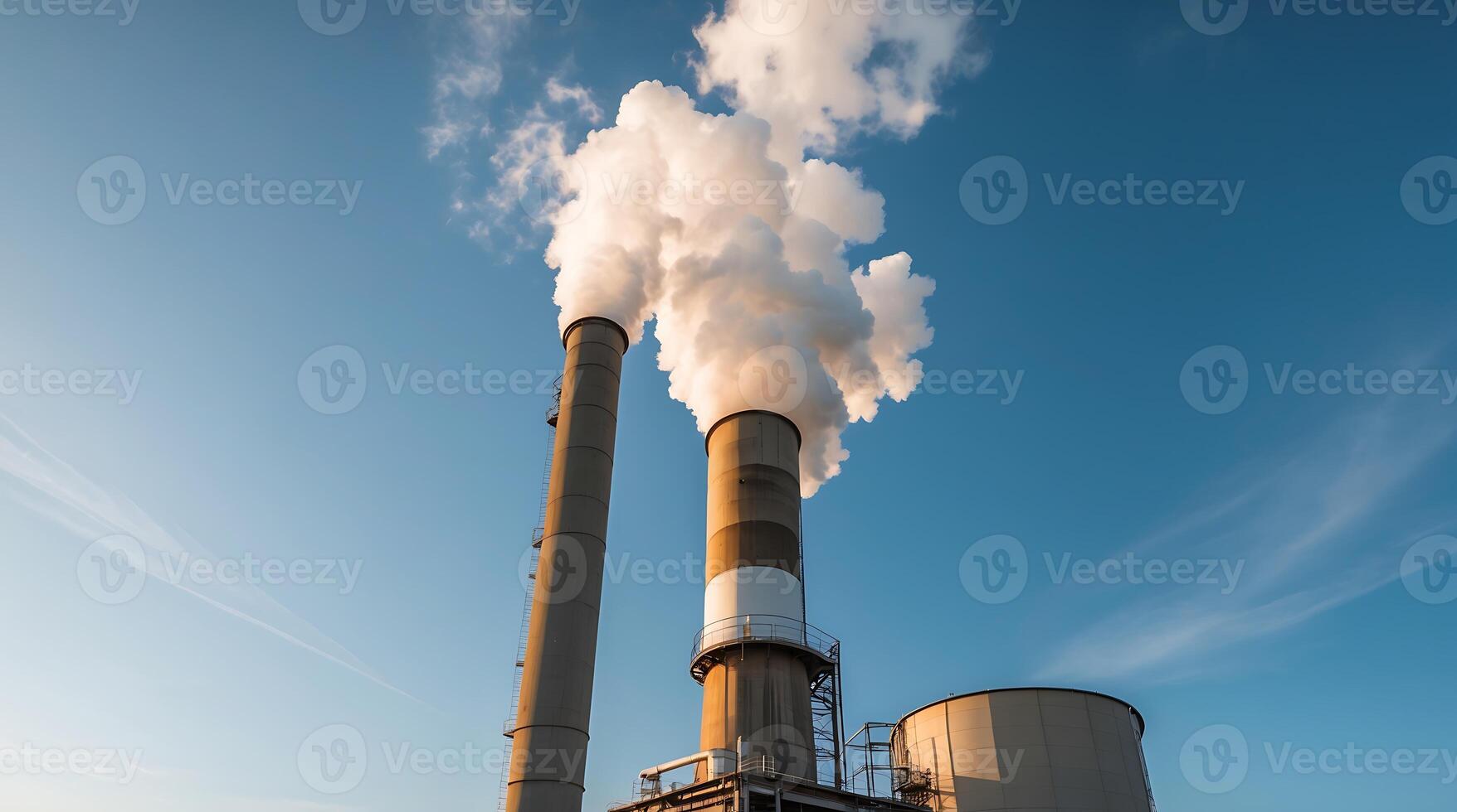 Smoke rises from industrial smokestacks against a clear blue sky in the evening photo