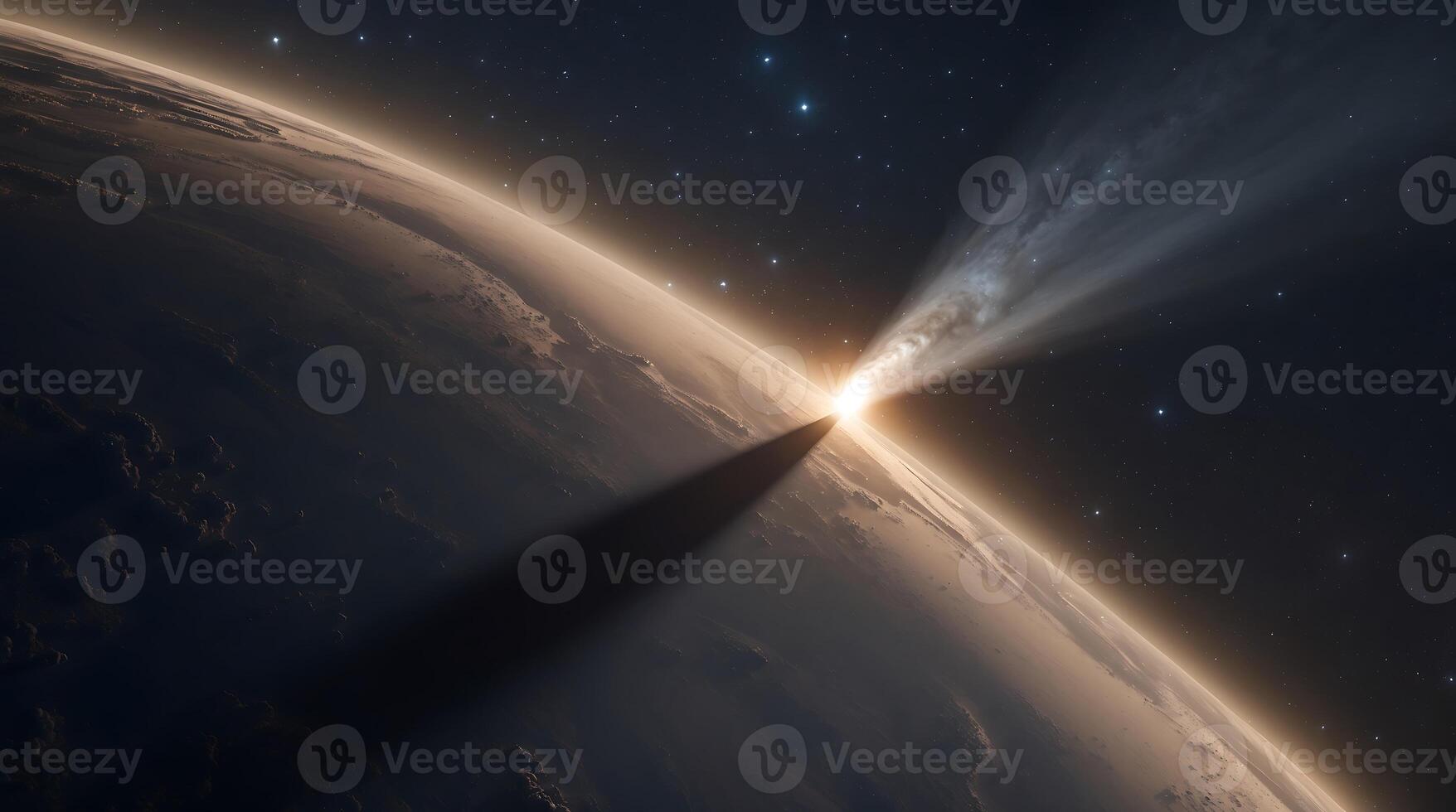 Comet approaches Earth with bright tail illuminating the dark sky at dusk photo