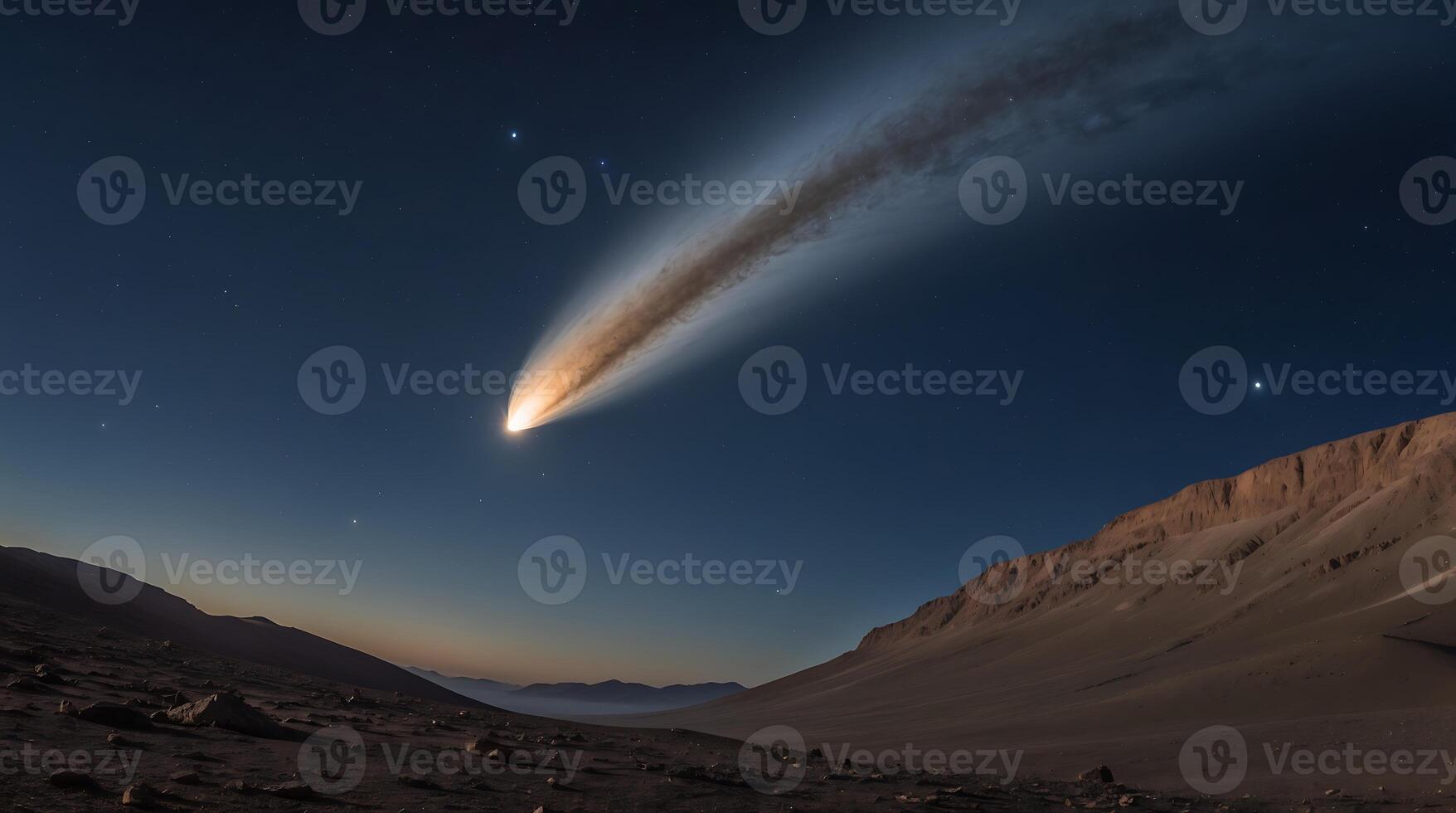 Comet observed in the night sky over desolate desert landscape with stars in view photo