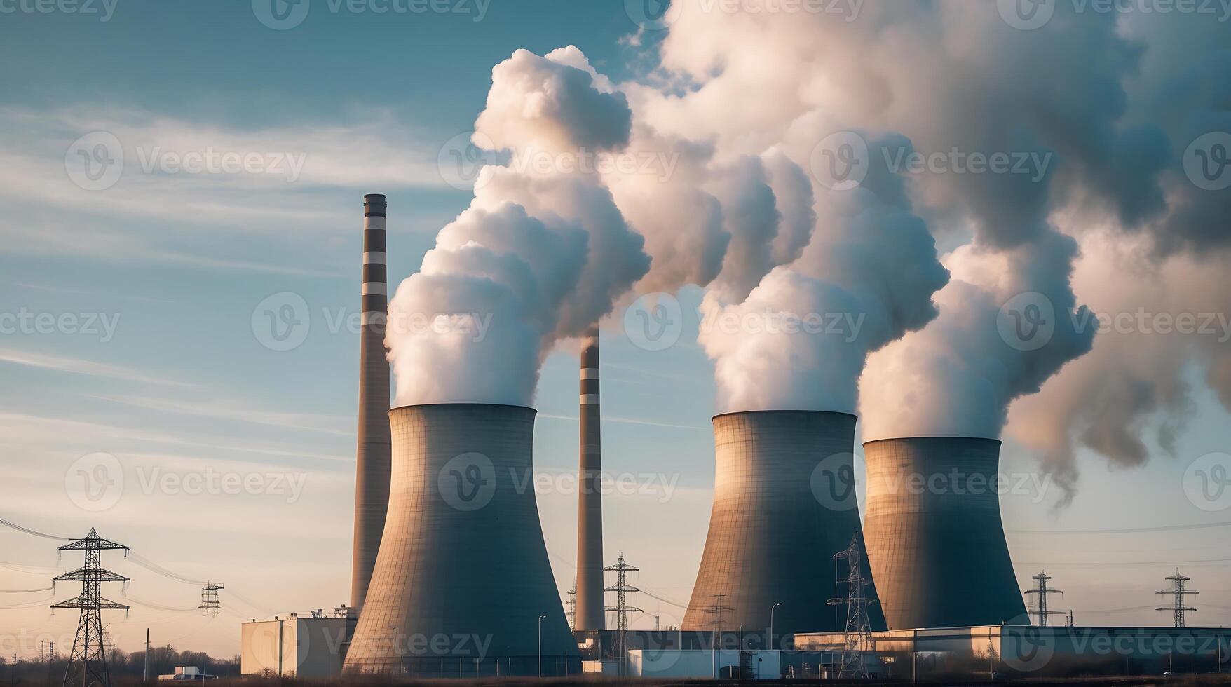 Cooling towers release steam into the atmosphere at a power plant during dusk hours photo