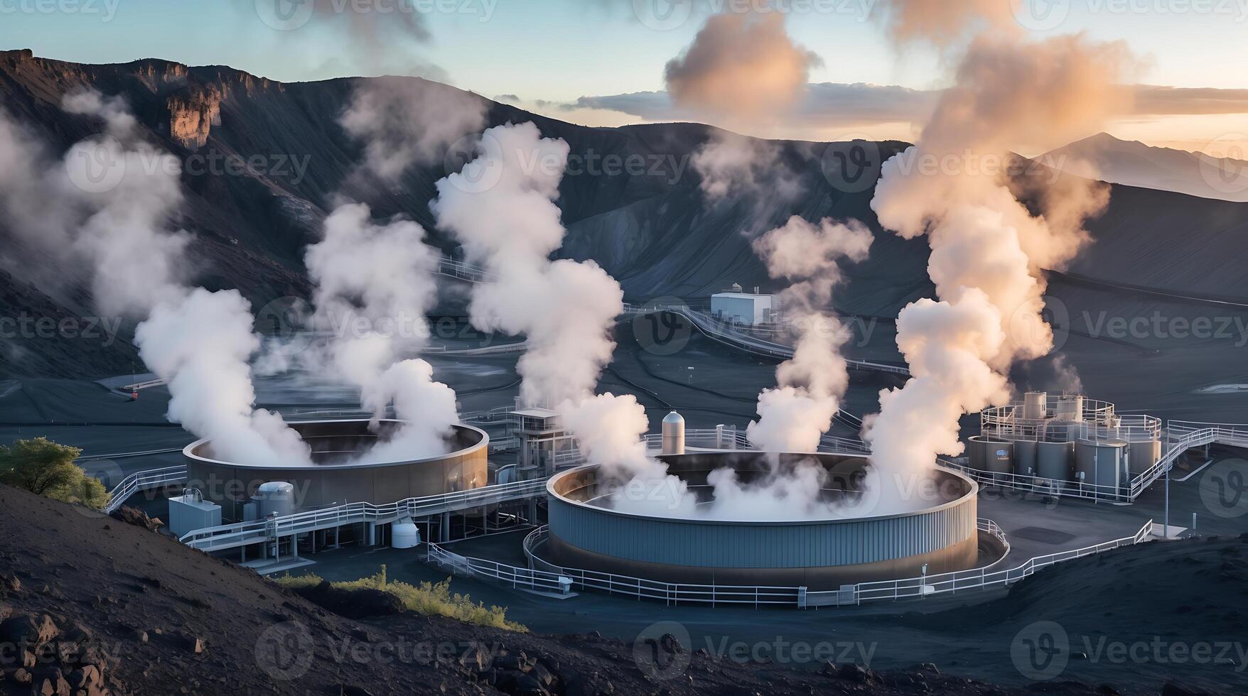 Geothermal plant operations with steam vents at sunset in a volcanic landscape photo