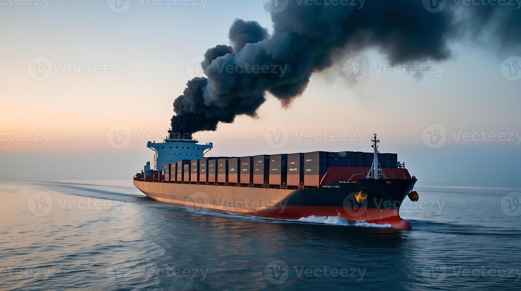Cargo ship releasing black smoke while navigating through open waters at sunset photo