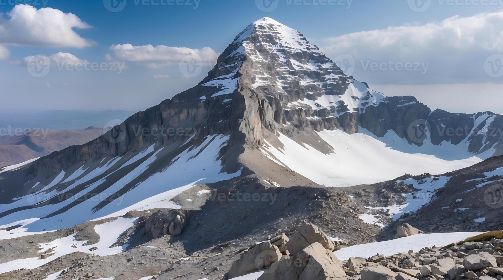 Mountain peak covered with patchy snow and rocky terrain under a cloudy sky photo
