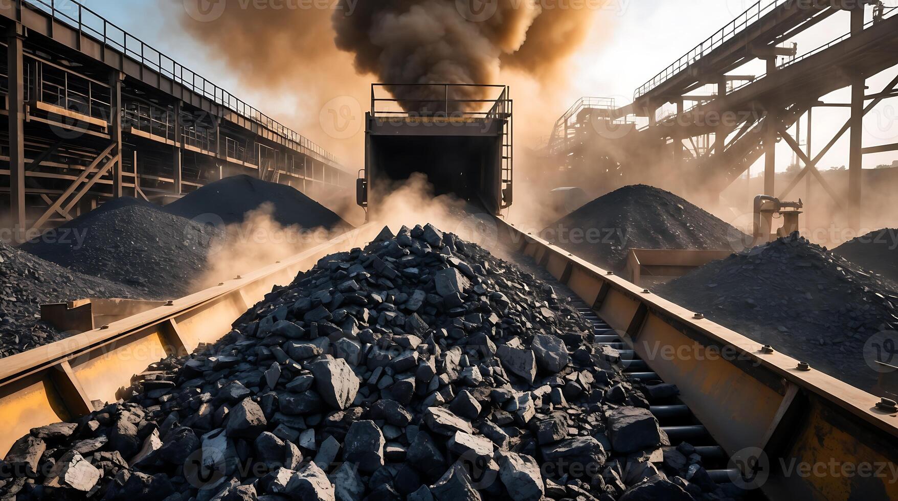 Coal processing on a conveyor belt at an industrial facility during the day photo