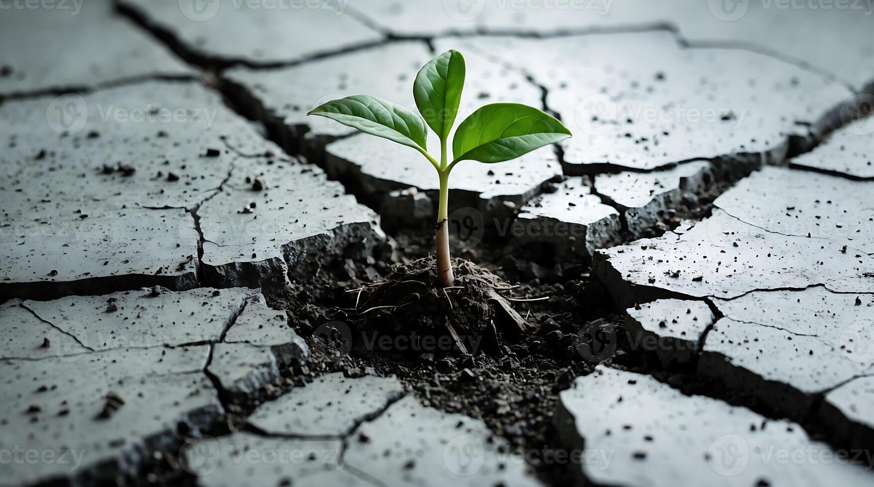 Seedling emerges from cracked concrete, symbolizing resilience in a changing environment photo