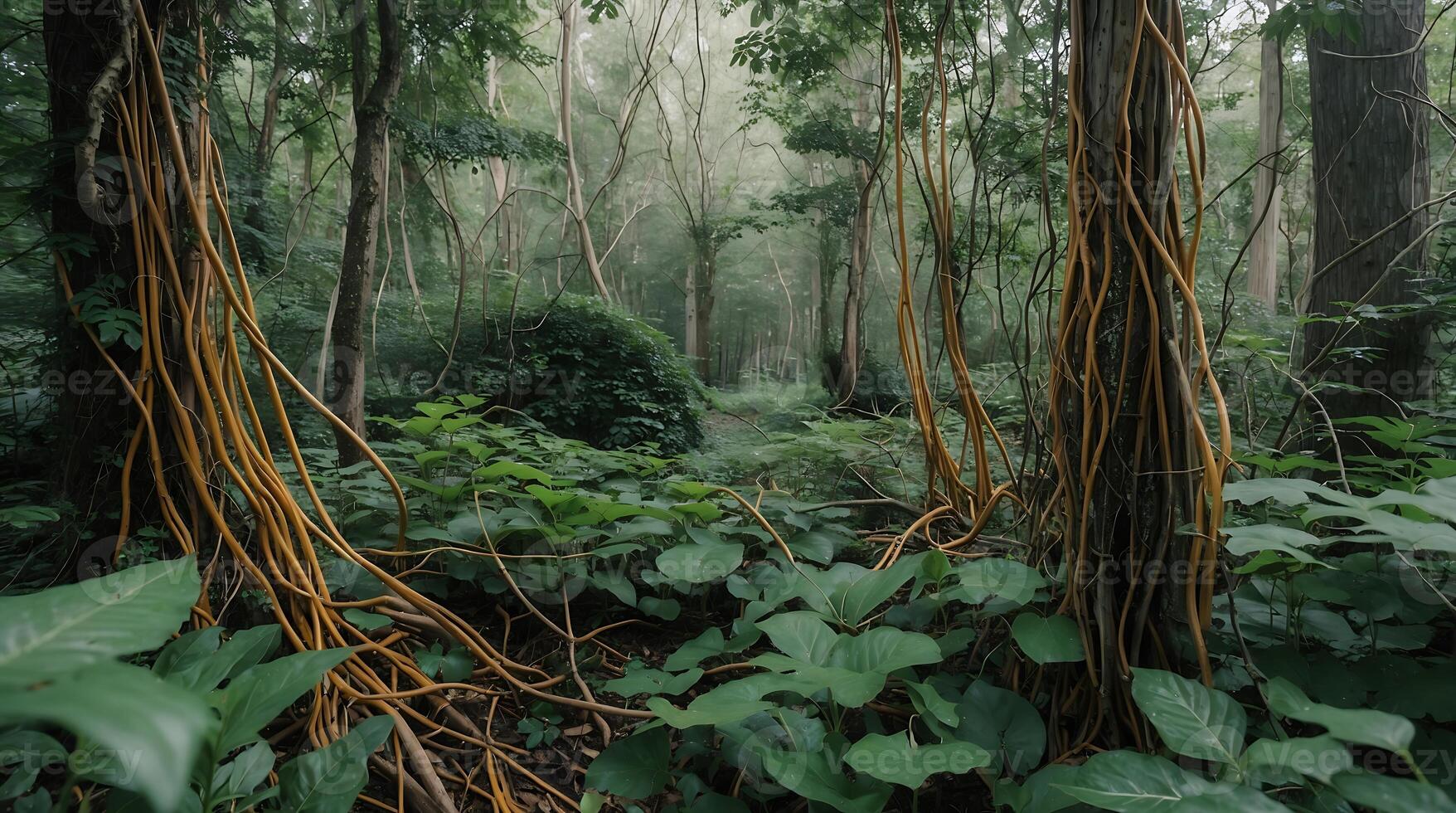 Forest overrun by invasive vines showcases effects of climate change on ecosystems photo