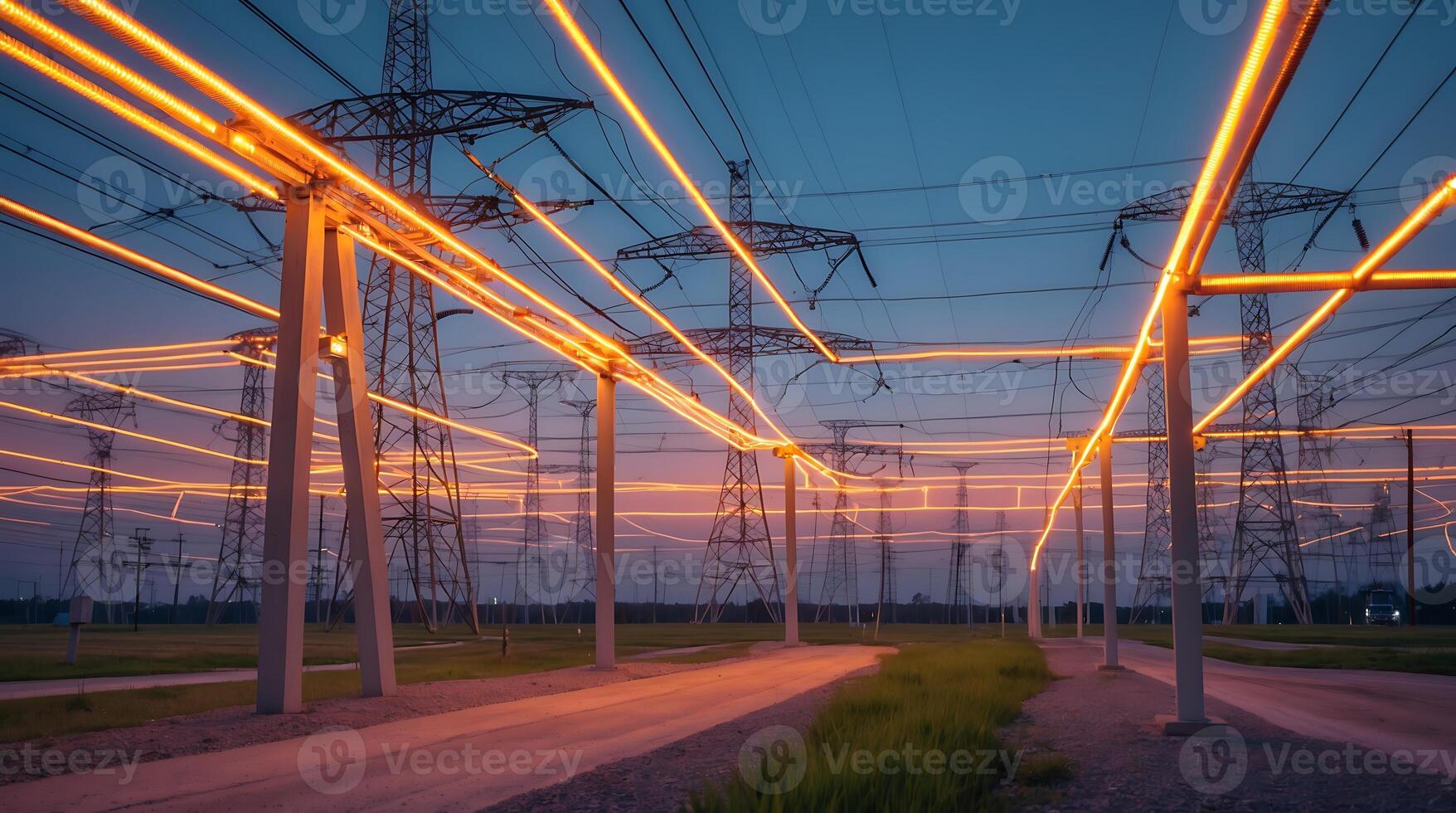 Glowing power lines illuminate an electric grid during twilight near urban areas photo