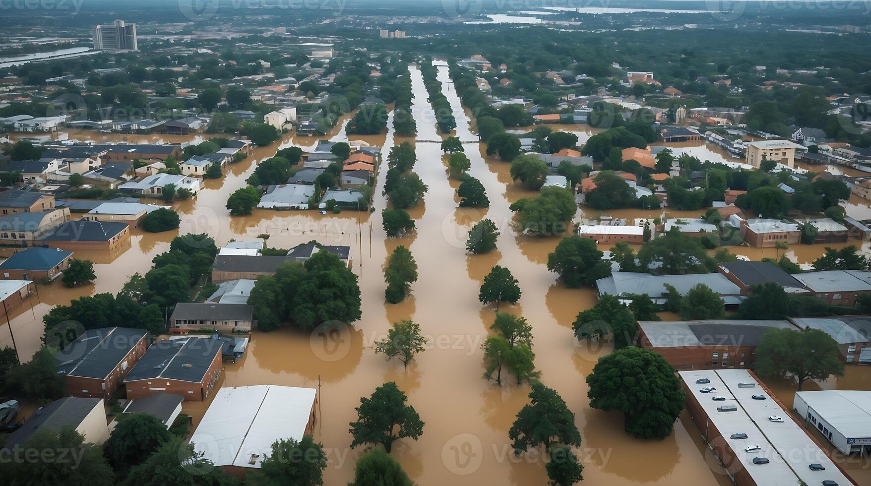 Urban area under water after severe flooding caused by climate change photo