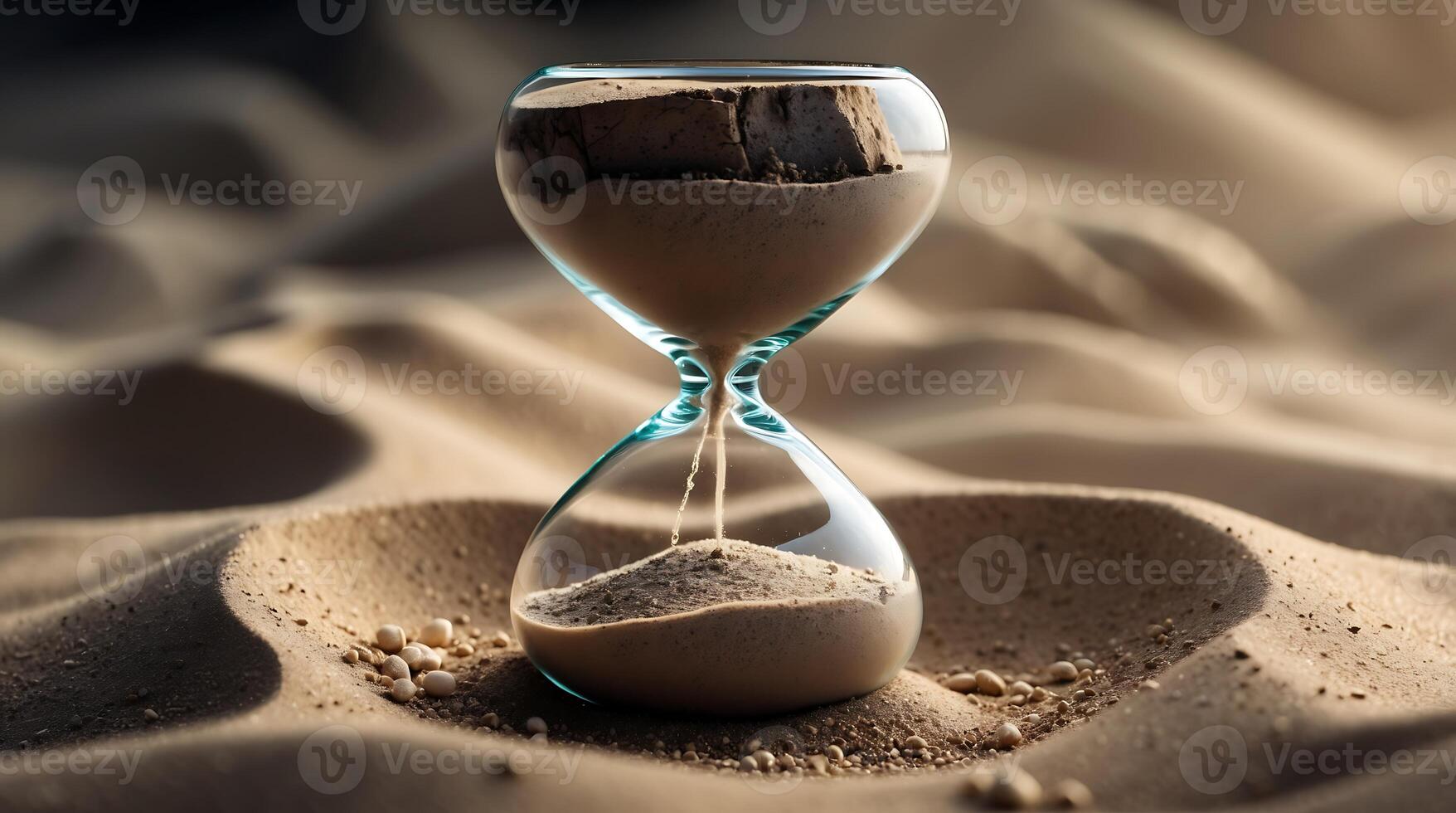 Hourglass symbolizing climate change with Earth sinking in sand photo