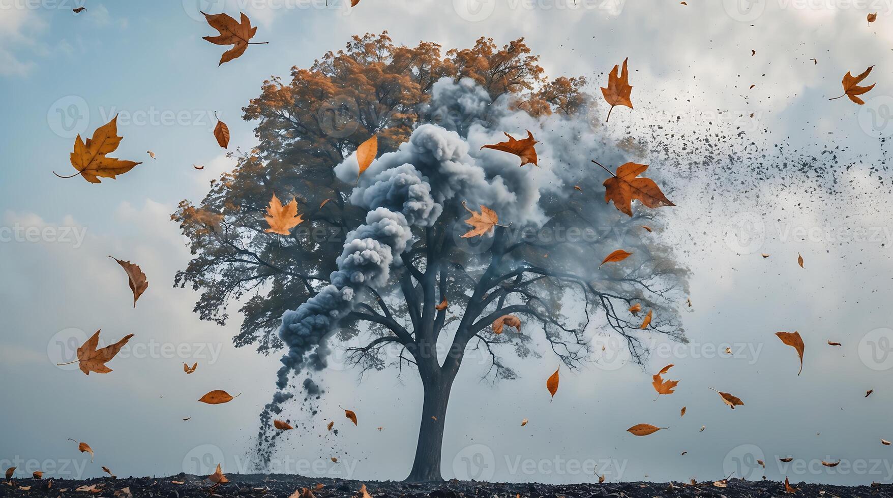 Tree with leaves dissolving into ash amidst smoke illustrating climate change effects photo