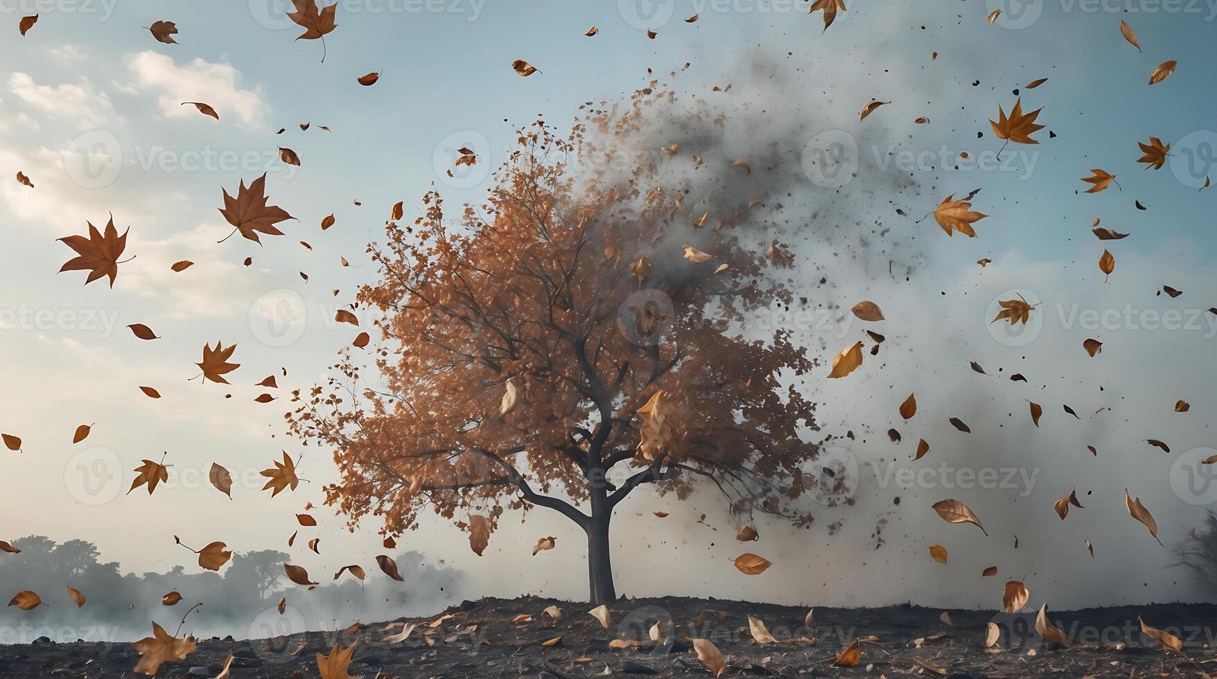 Tree shedding leaves in a dry landscape highlighting climate change impacts photo