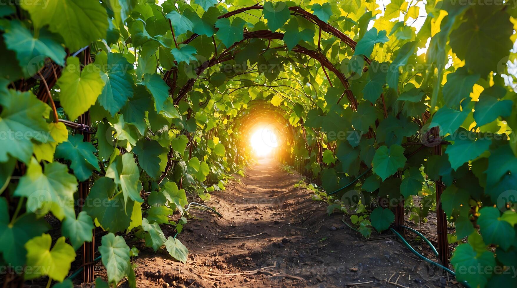 Tunnel of vines leading to a bright light during the golden hour photo