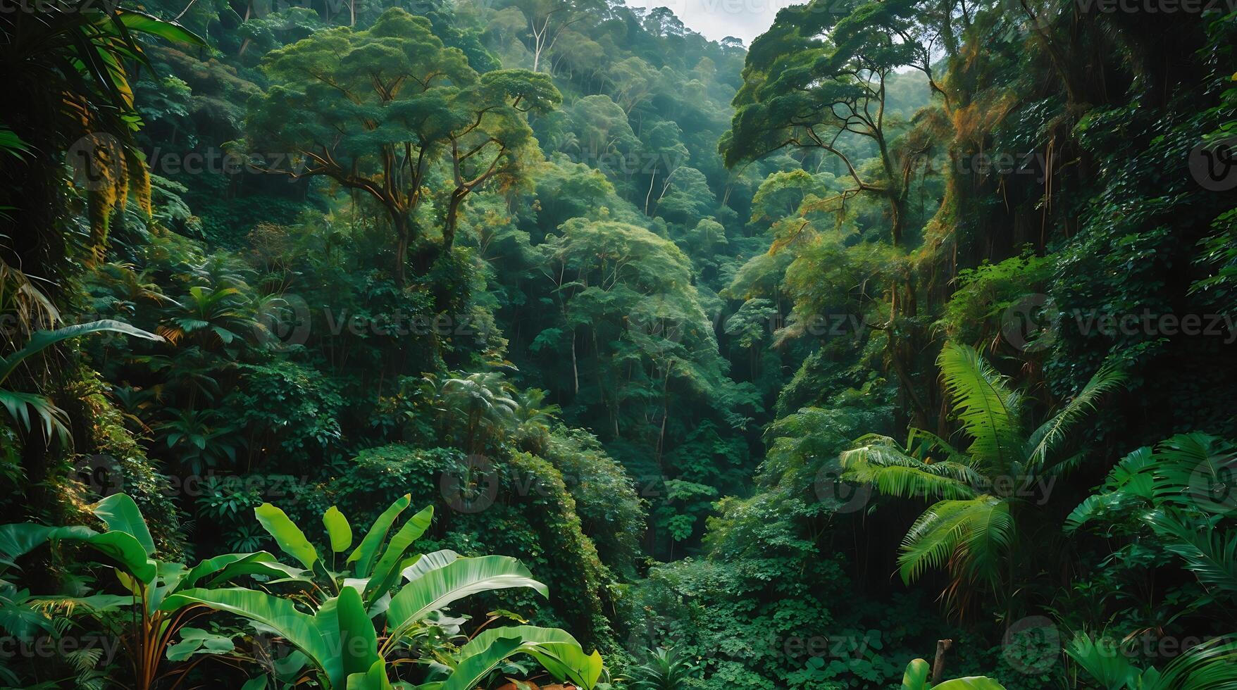 Dense rainforest canopy showcasing native flora and impact of climate change photo