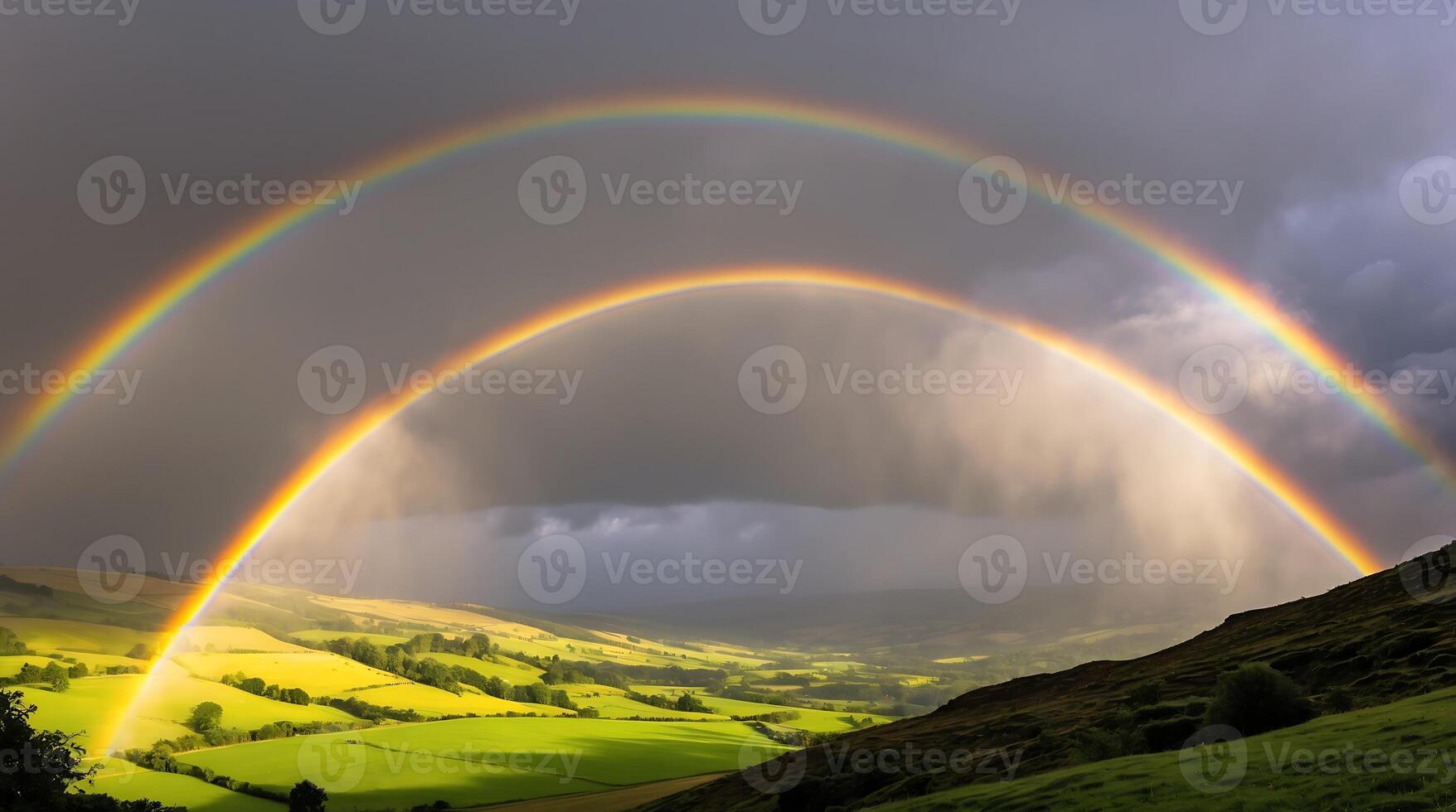 Dual rainbows arching over a lush valley after a rainstorm in the countryside photo