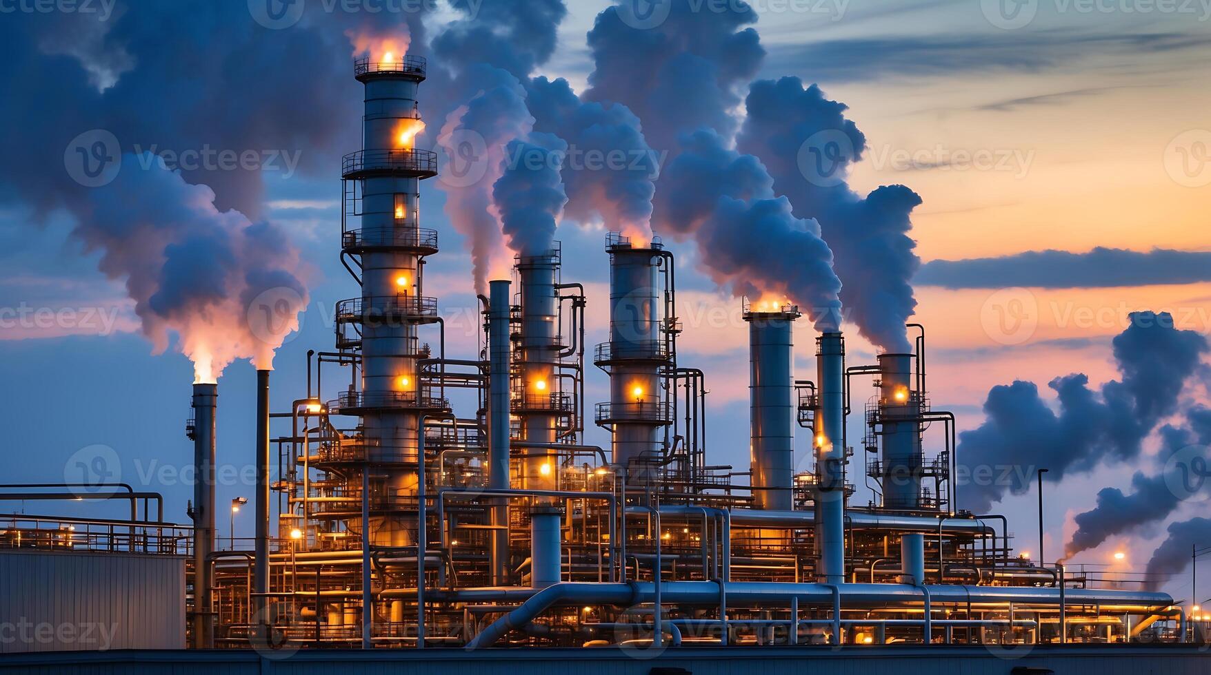 Industrial refinery with complex piping and steam at sunset photo
