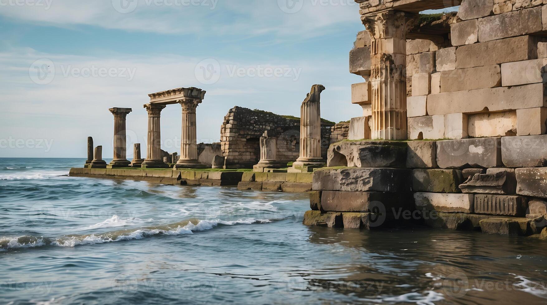 Ancient ruins partially submerged in waves highlighting climate change effects photo