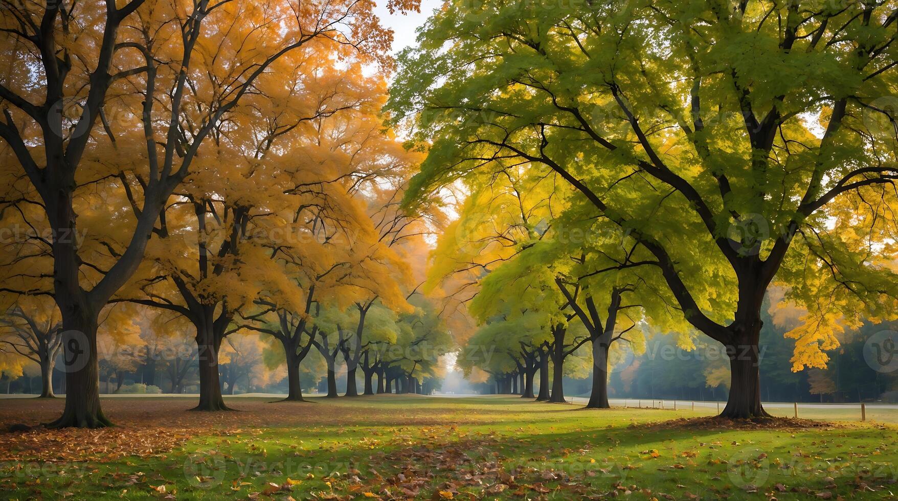 Colorful trees displaying autumn hues against green foliage in a park photo