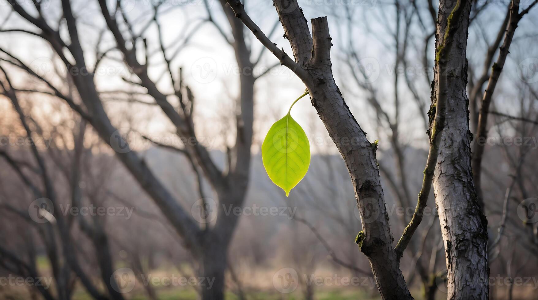 Barren trees with a single green leaf suggest resilience amid climate change photo