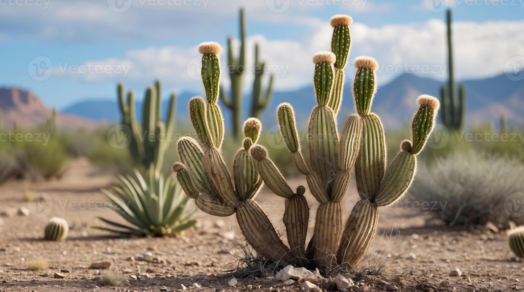 Cactus struggling in desert landscape due to climate impacts and changing conditions photo