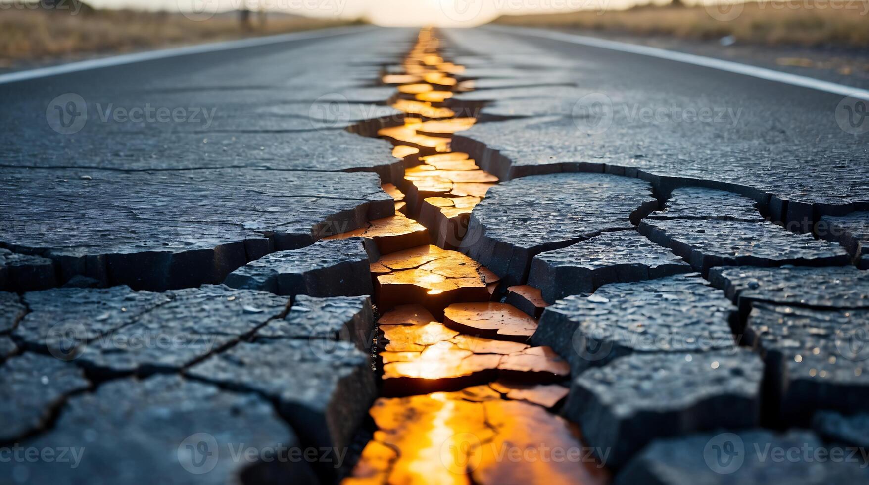 Cracked asphalt due to intense heat and climate change in desolate landscape photo