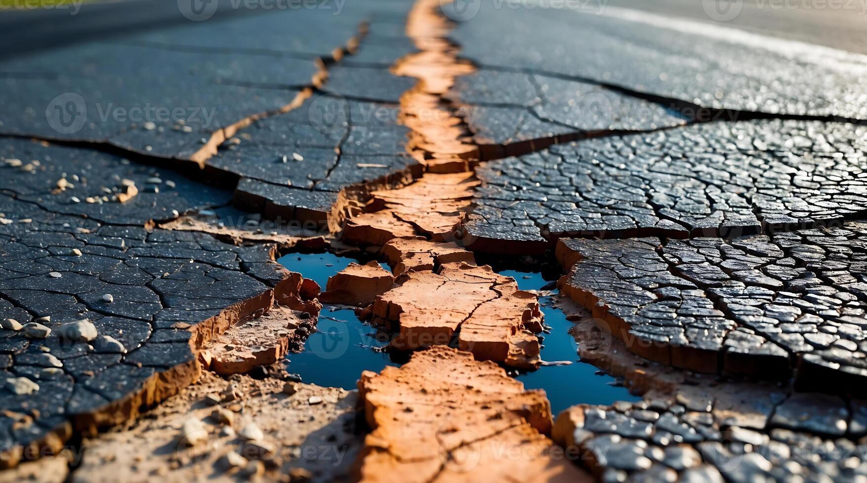Cracked asphalt revealing damage from extreme heat and climate change effects photo
