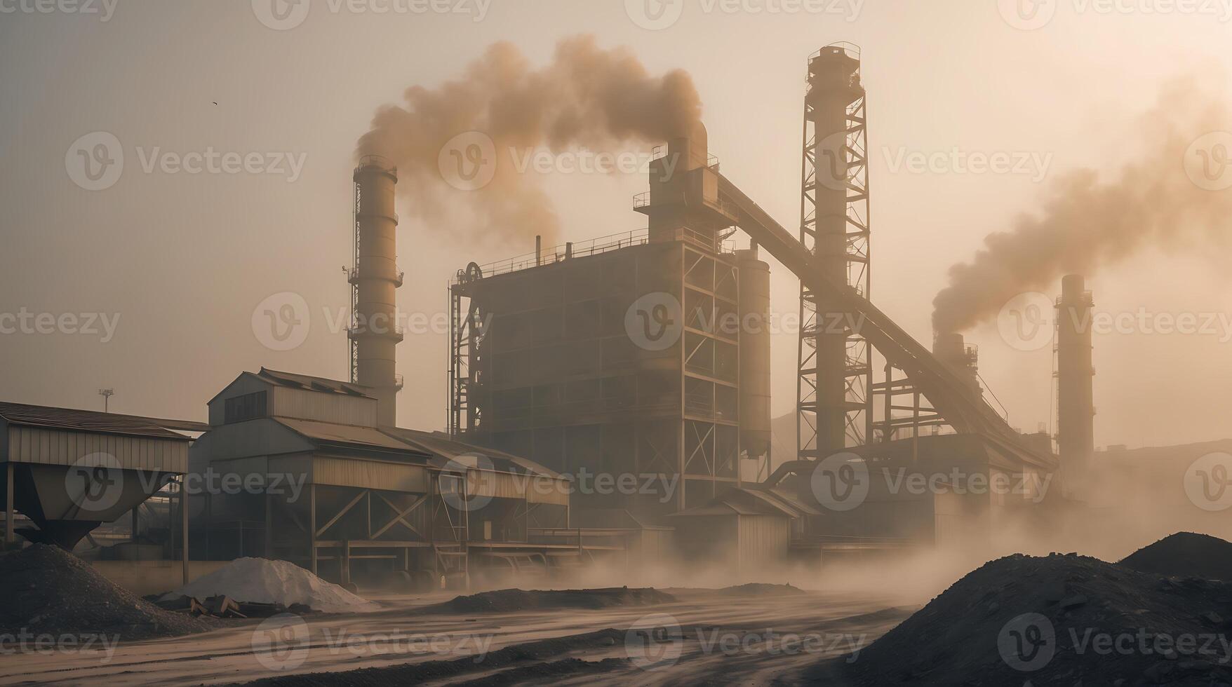 Cement factory emitting smoke amidst climate change concerns at dusk time photo