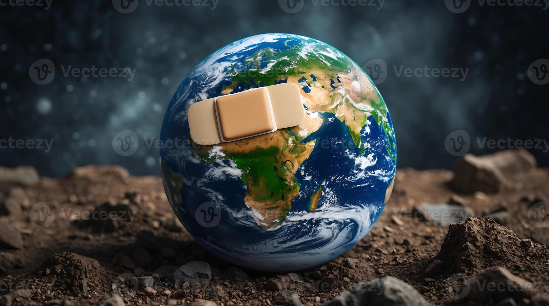 Earth showing signs of climate change with a bandage over its surface photo