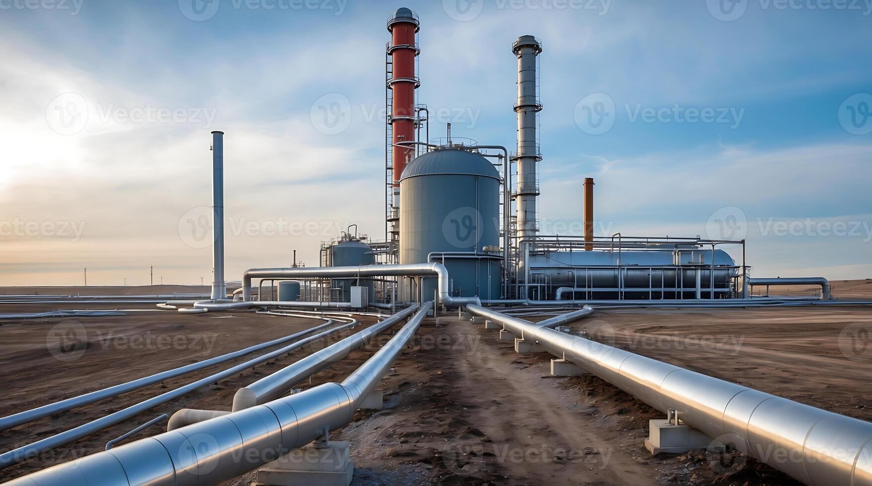 Carbon capture facility with extensive piping system in a desert landscape photo