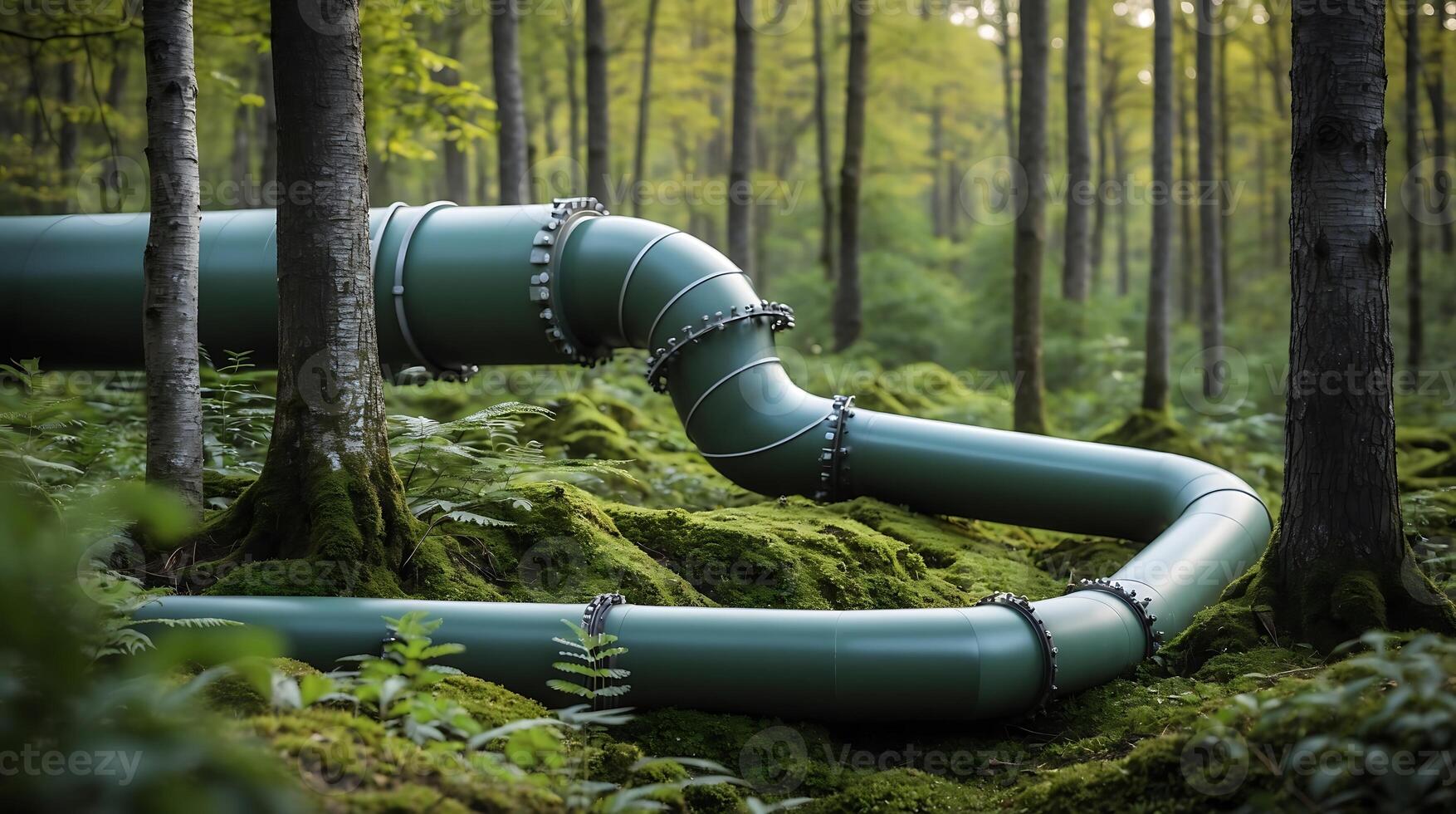 Carbon capture pipe winding through a lush forest landscape photo